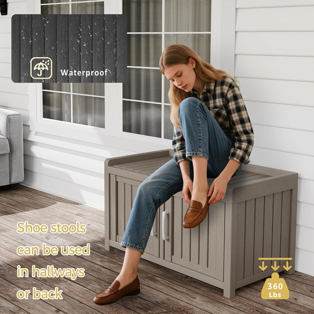 Storage Bench - 2 Doors Waterproof Resin Shoe Bench with Adjustable Shelves -...