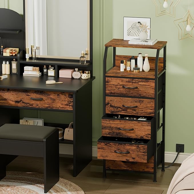 Furnulem 5 Drawers Dresser with Charging Station, Tall Night Stand with Stora...
