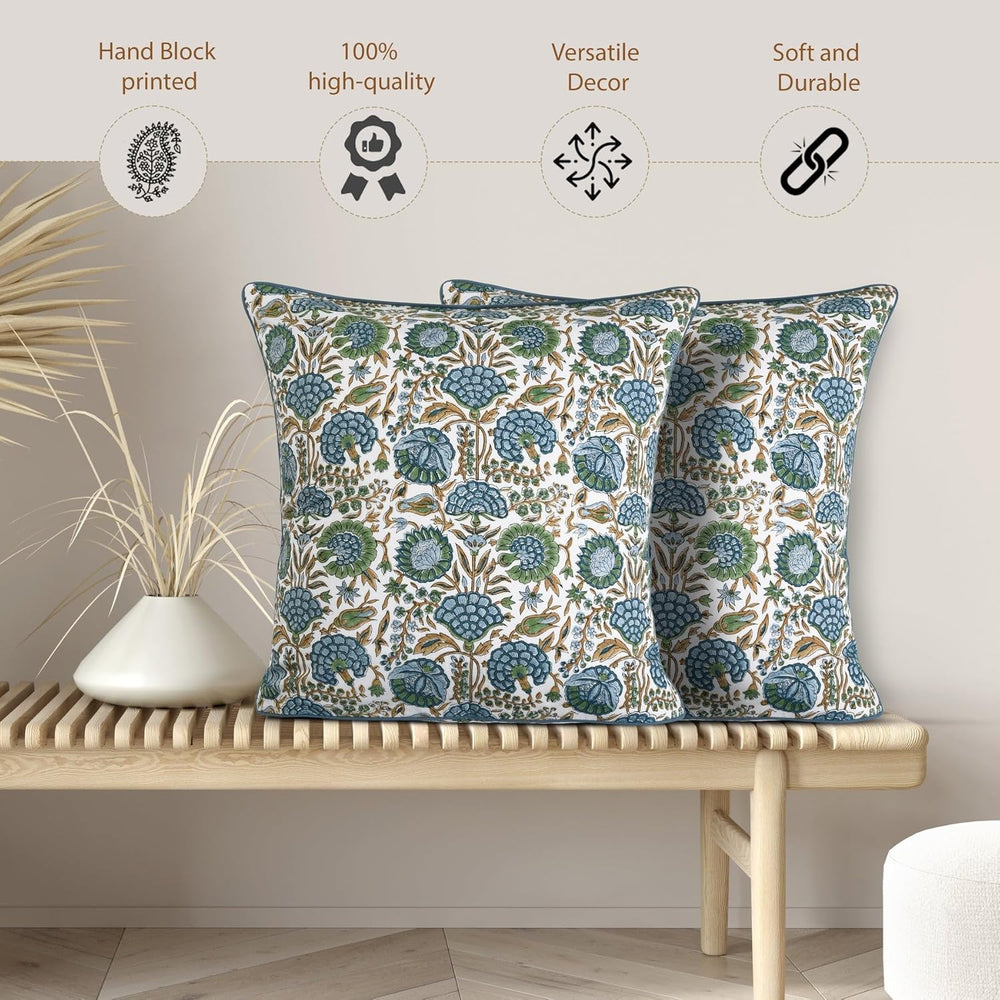 Ridhi Asparagus Green Block Print Cotton Pillow Cover 18x18 Inch Set of 2