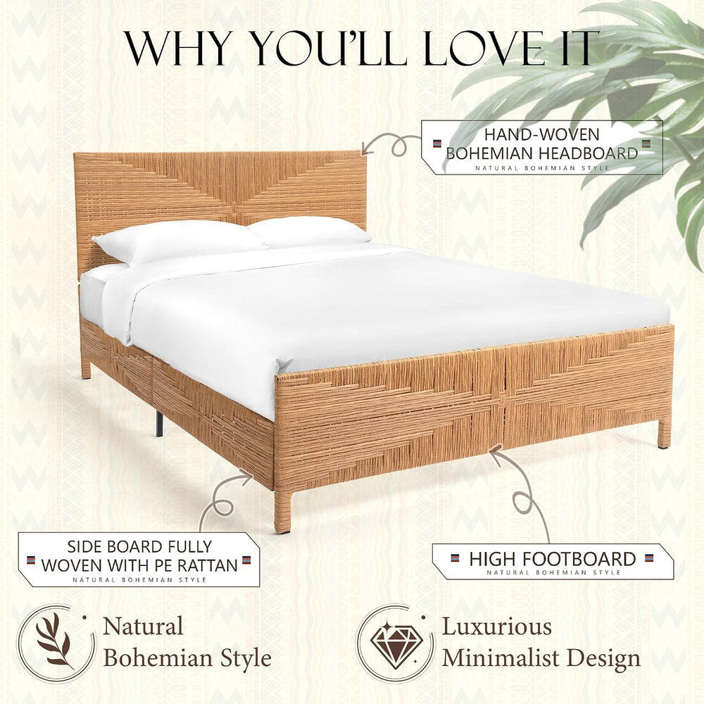 Queen Rattan Style Boho Bed Frame with Headboard and Footboard, Mid Century M...