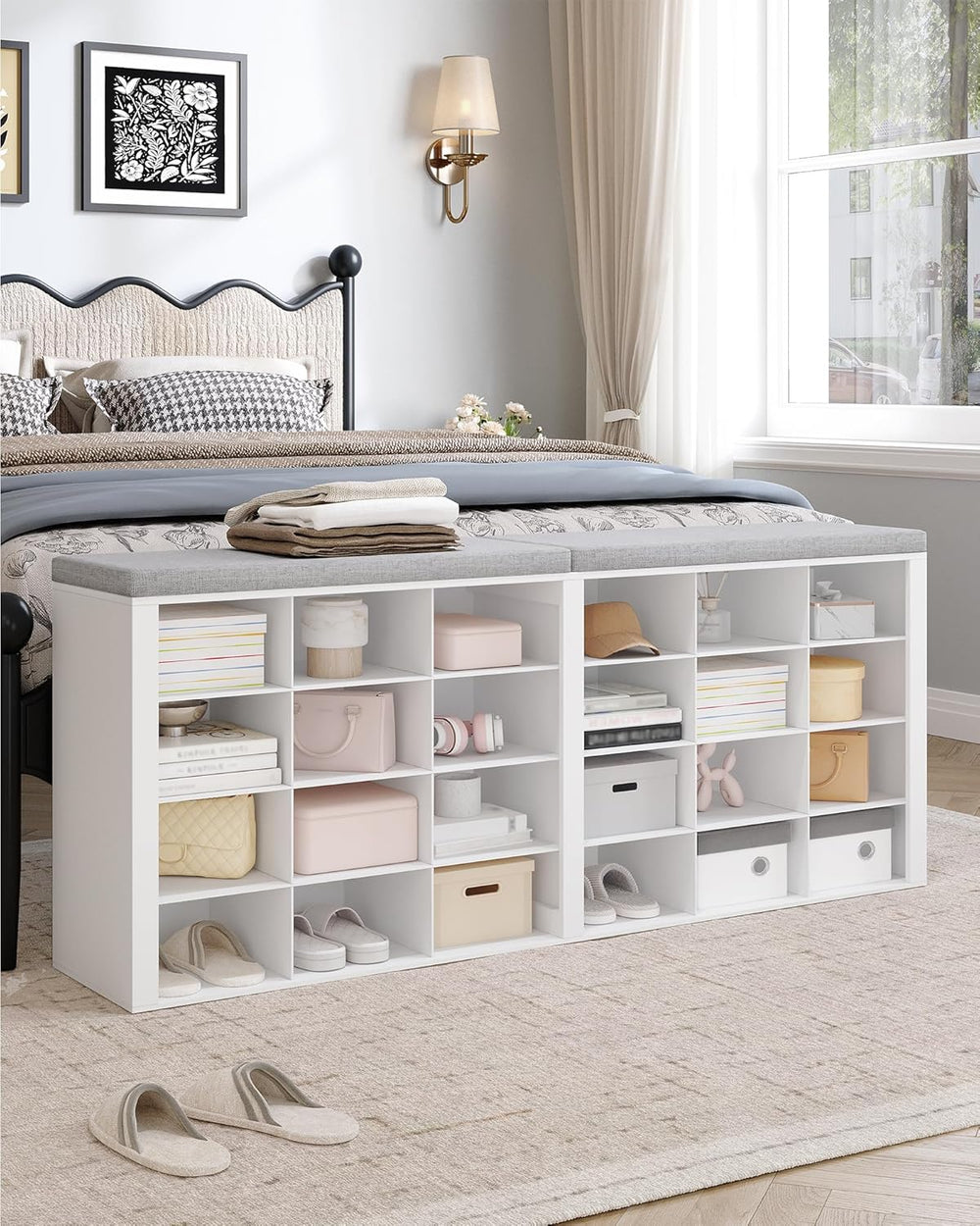 Hzuaneri Shoe Storage Bench with Cushion, Entryway Storage Bench with 24 Cubb...
