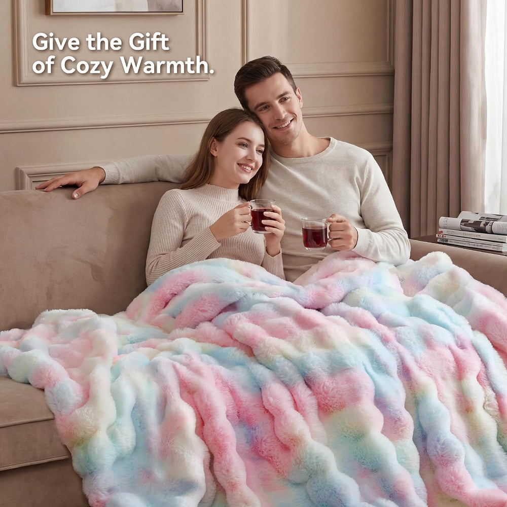 Faux Rabbit Fur Throw for Couch - Rainbow Bubble Blanket 50"x60"