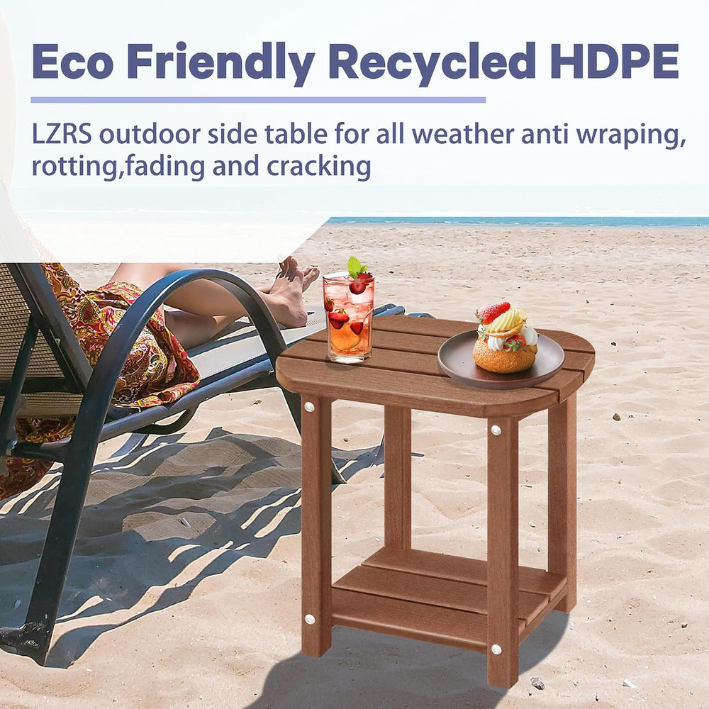 LZRS 2-Tier Patio Side Table, Heavy Duty HDPE Outdoor End Table with Wood Tex...