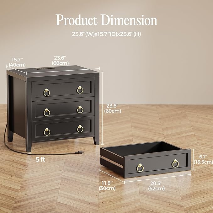 Huuger 23.6 Inch Night Stand with Charger Station and USB-C Port, 3 Drawer Ni...