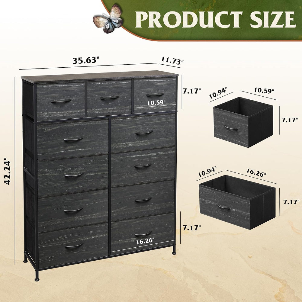WLIVE Tall Dresser for Bedroom, 11 Drawer Fabric Dresser, Black Wood Grain
