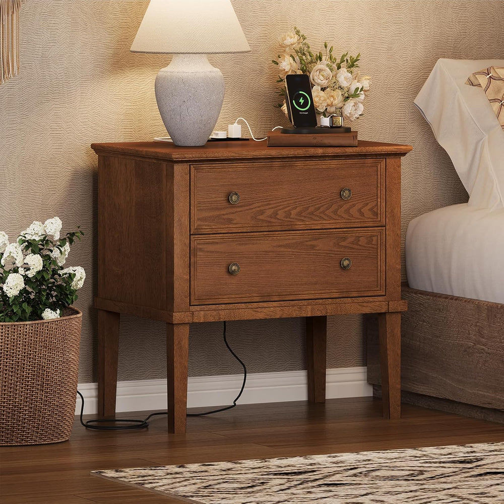 IKENO Solid Wood Nightstand with Charging Station, Farmhouse End Table with 2...