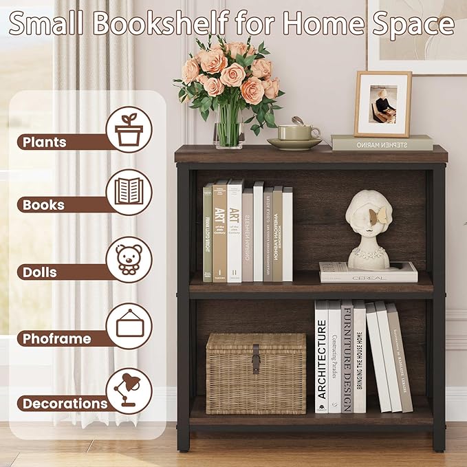 FATORRI Small Bookshelf, Rustic Book Shelf for Small Space, Low Short Bookcas...