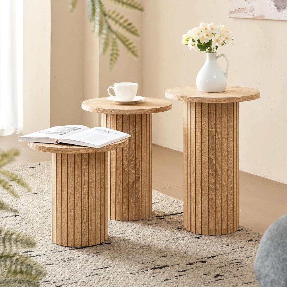 3-Piece Nesting Coffee Table Set, Modern Small Round Wood Side Tables, Fluted...