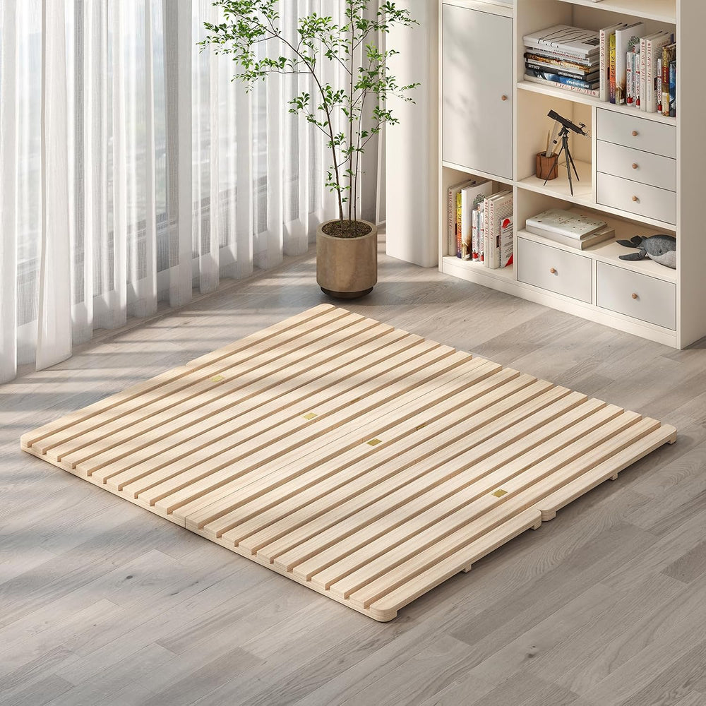 King Size Foldable Floor Bed Frame, Solid Wood Slat Base for Futon Mattress