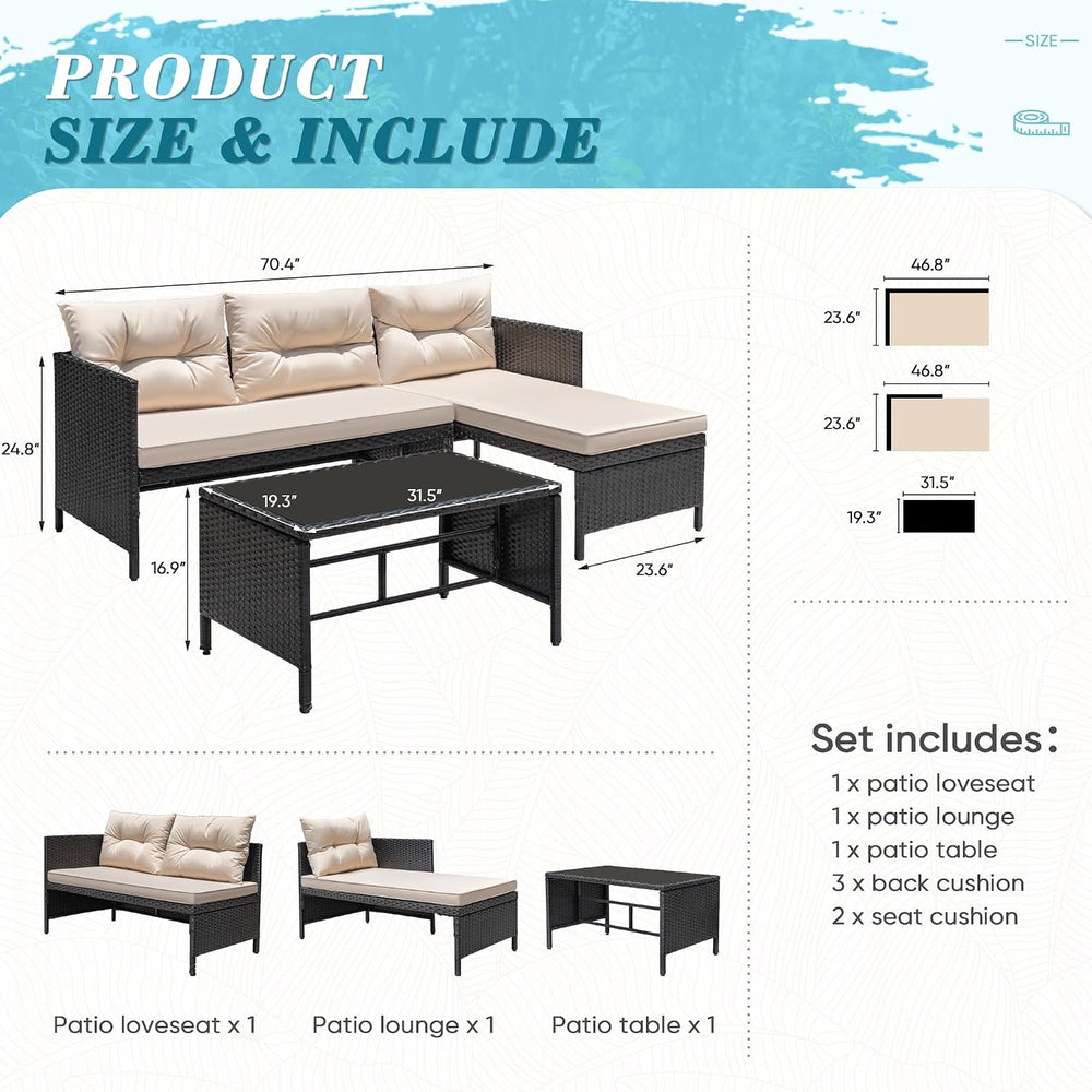 Greesum 3 Piece Patio Furniture Set Outdoor Wicker Sectional Sofa,Beige
