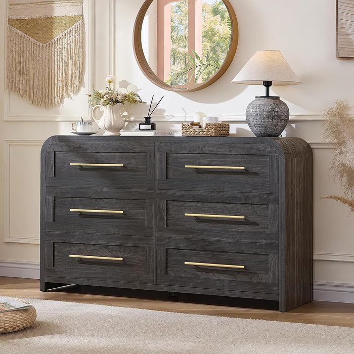 6 Drawer Dresser for Bedroom, Curved Chest of Drawers, Grey