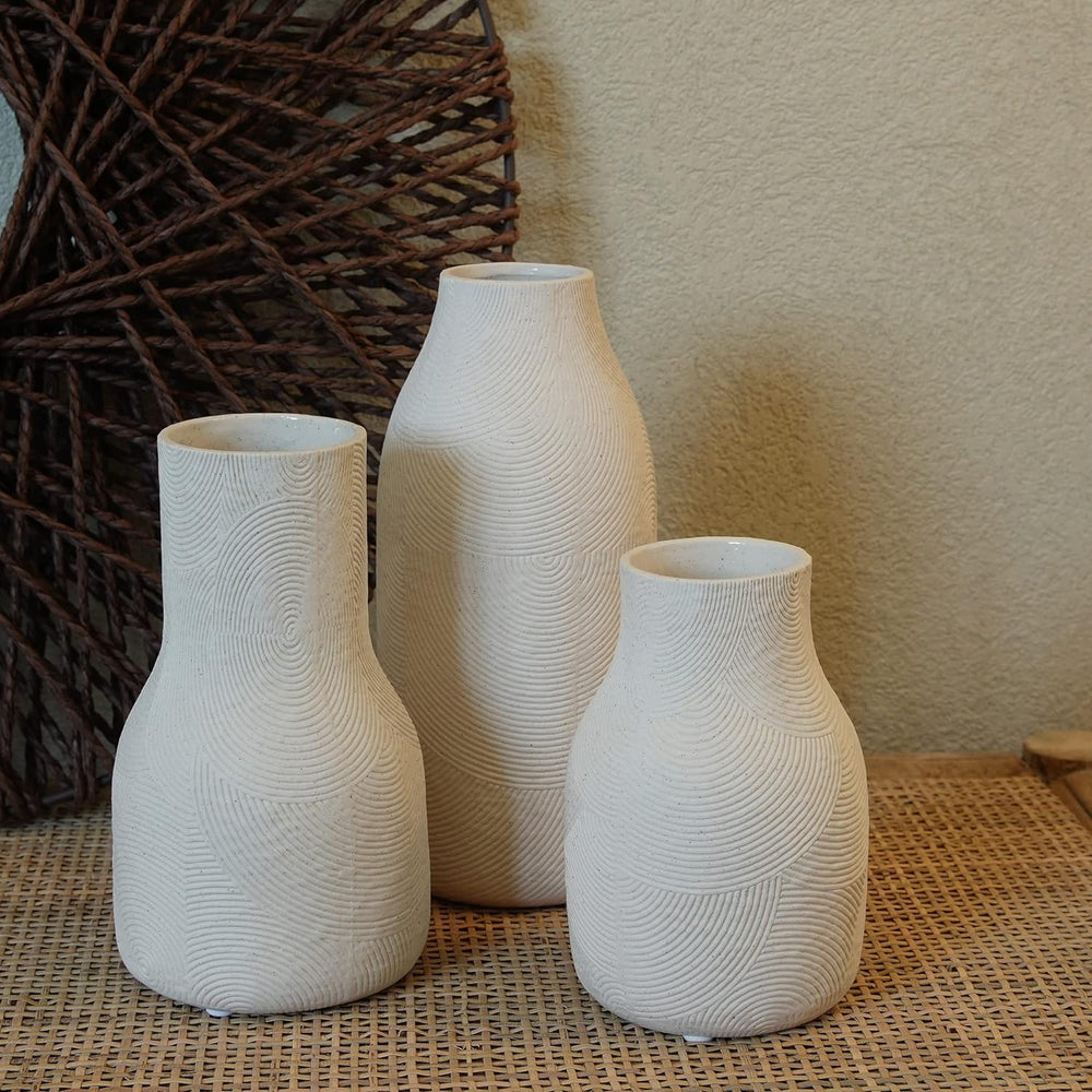 Ceramic Vases for Home Decor - Matte White Textured Vase Set of 3, Decorative...