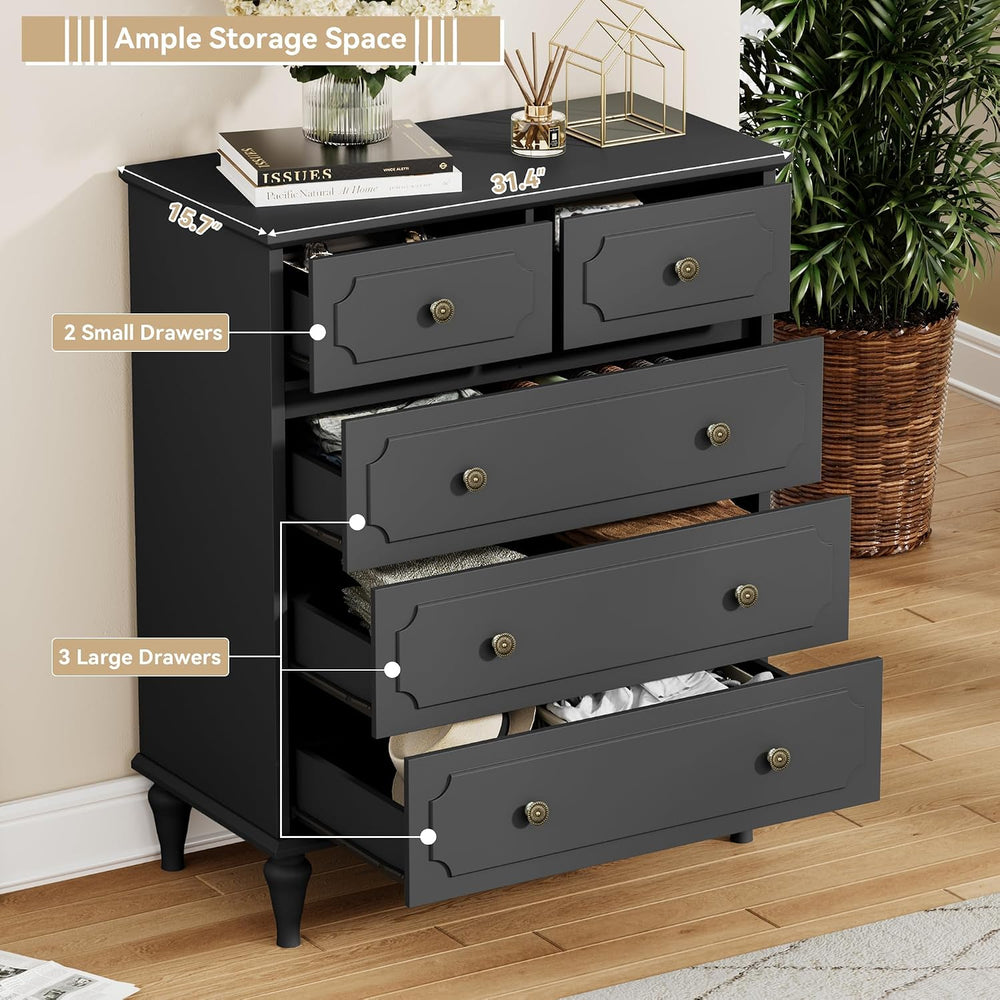 Black Dresser with 5 Drawers, Vintage Tall Dresser for Bedroom