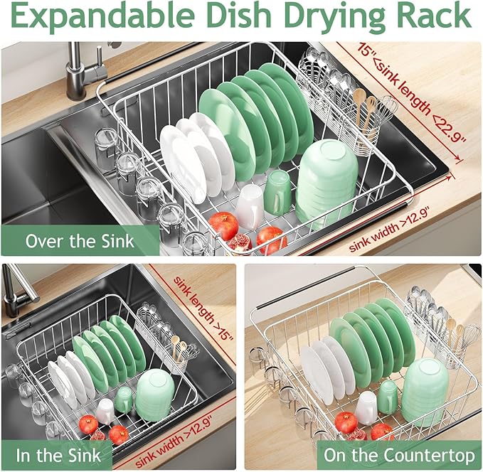 Fanbsy Dish Drying Rack in Sink, Extendable Stainless Steel Dish Drainers