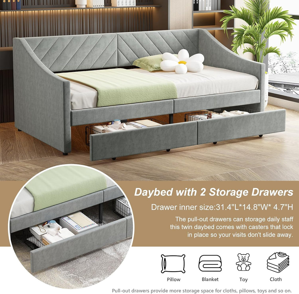 Twin Daybed with Upholstered Headboard and Charging Station, Daybed with Trun...