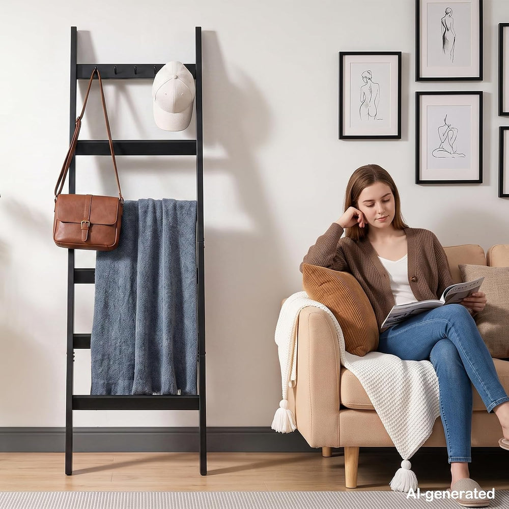 TEAKMAMA 6-Tier 5.4ft Blanket Ladder with Hooks Farmhouse Black | Wall Leanin...