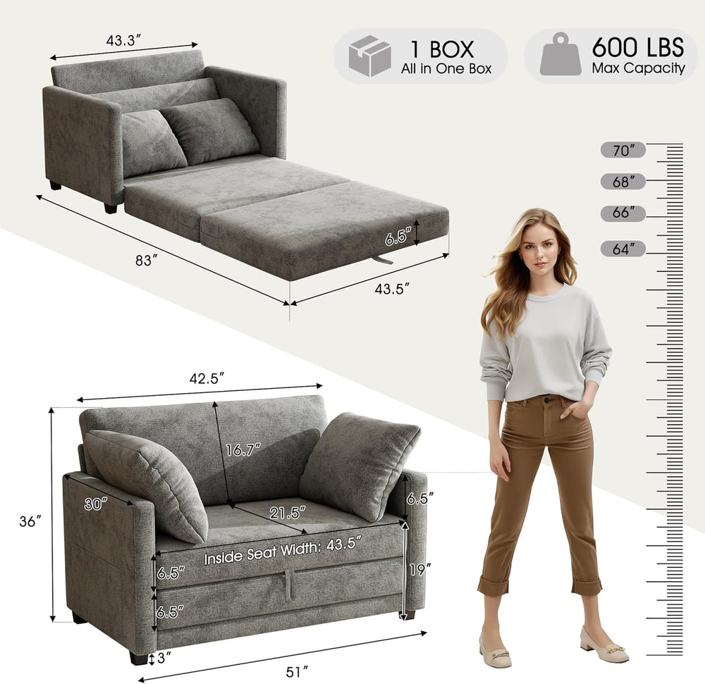 51" Loveseat Sleeper Sofa Bed, Chenille Convertible Floor Sofa Bed for S...