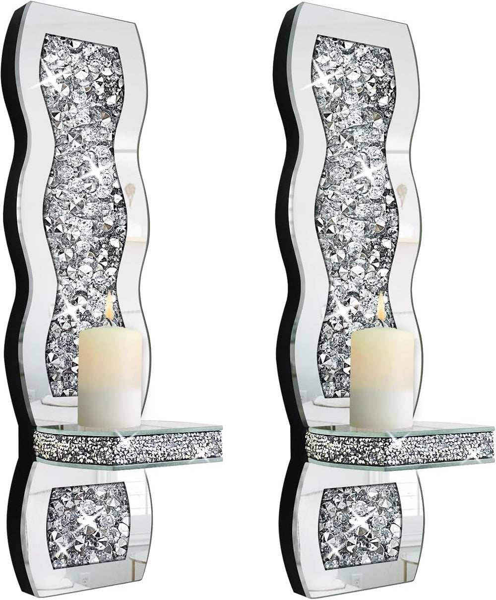 Crystal Crush Diamond Candle Holder Set of 2, Wavy Silver Mirrored Wall Candl...