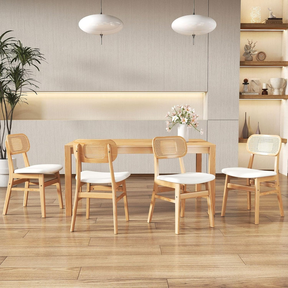 Rattan Dining Chairs Set of 4 White Faux Leather Dining Room Chairs Natural W...