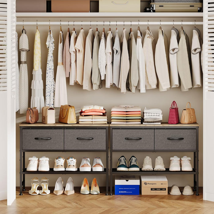 Closet Organizers and Storage, Grey Fabric Storage Dresser, 2 Drawer Dresser, Clothes Shelves with Wooden Top & Metal Frame, Small Shoe Rack for for Bedroom, Living Room, Under Dorm Bed