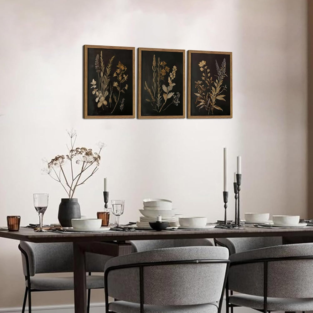 Framed Dark Botanical Wall Art Set of 3, Black Moody Floral Wall Decor Painti...