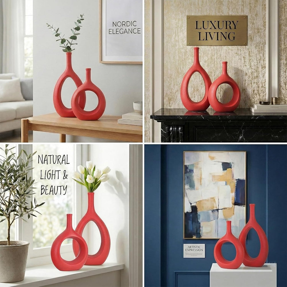 Red Ceramic Hollow Elliptical Vase Set of 2 - Boho Circle Vase with Hole, for...
