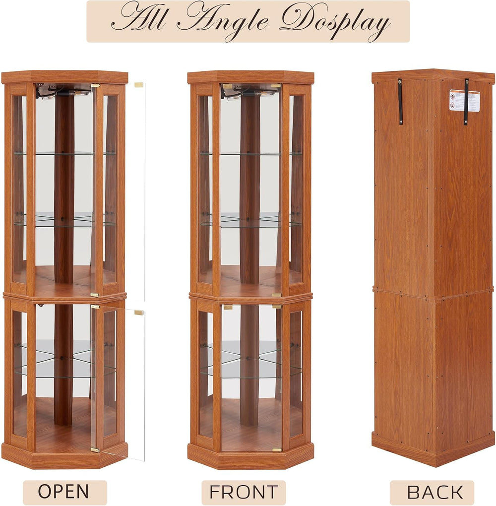 Corner Curio Cabinet, 70" H Lighted Glass Display Cage with Tempered Gla...