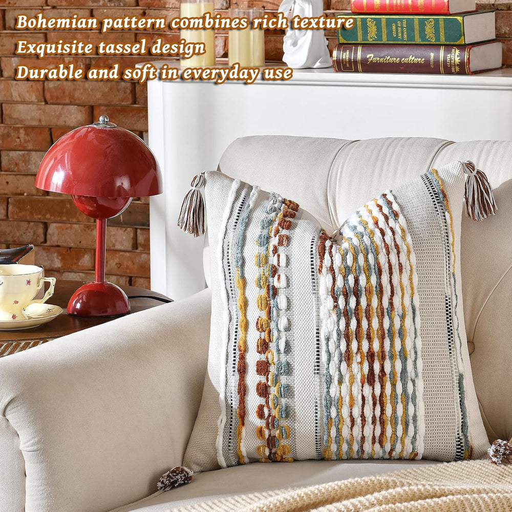 Set of 2 Chenille Striped Textured Boho Throw Pillow Covers Aesthetic with Ta...