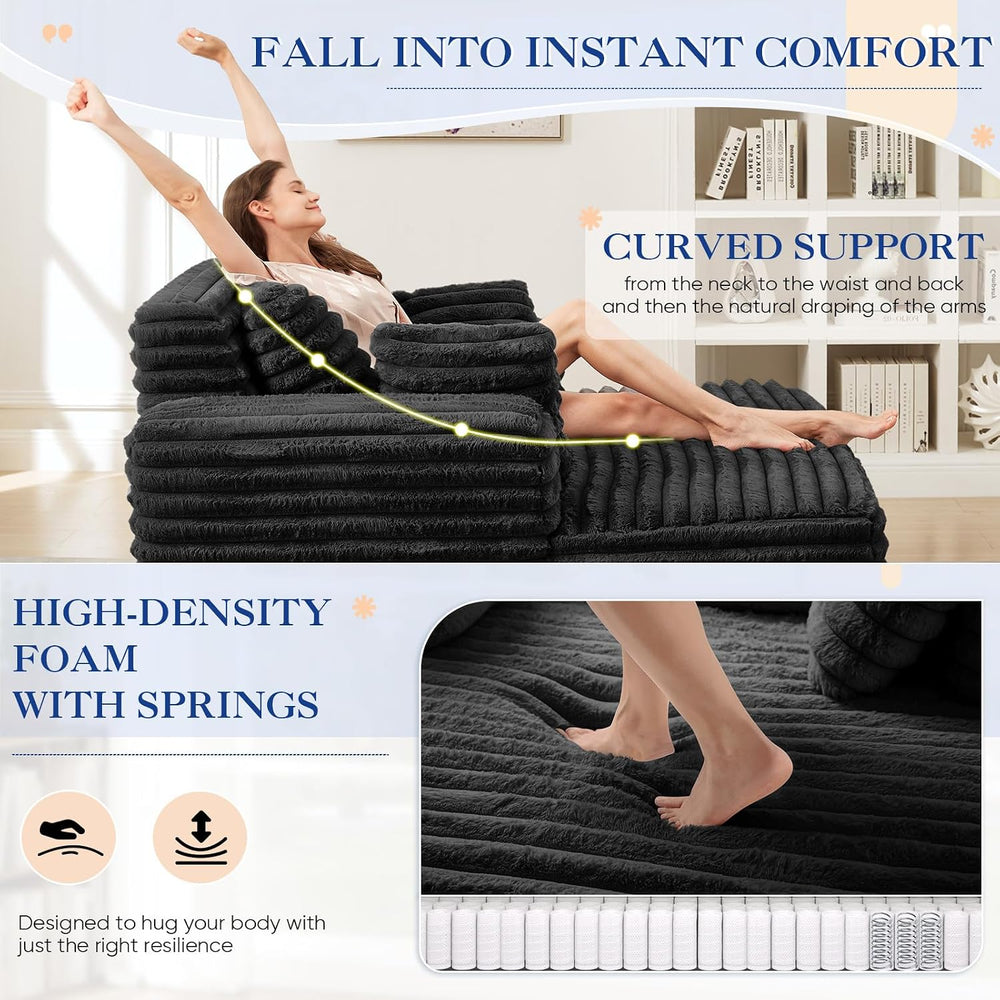 Oversized Chaise Lounge Indoor, Modern Plush Faux Fur Fabric Deep Seat Bonele...