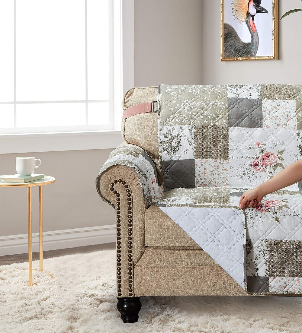 Brilliant Sunshine Pink Rose & Grey Toile Couch Loveseat Slip Cover