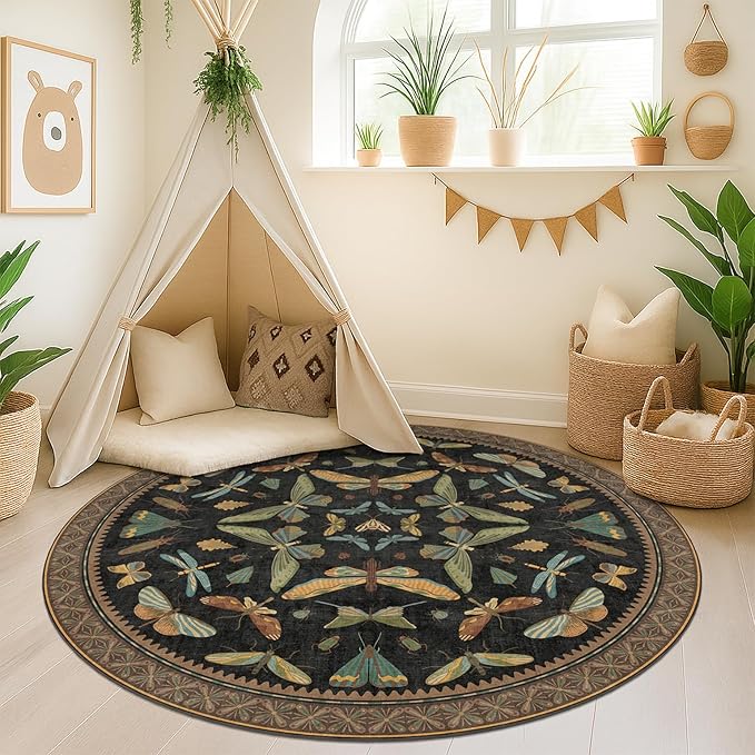 Black Boho 5ft Round Throw Rugs