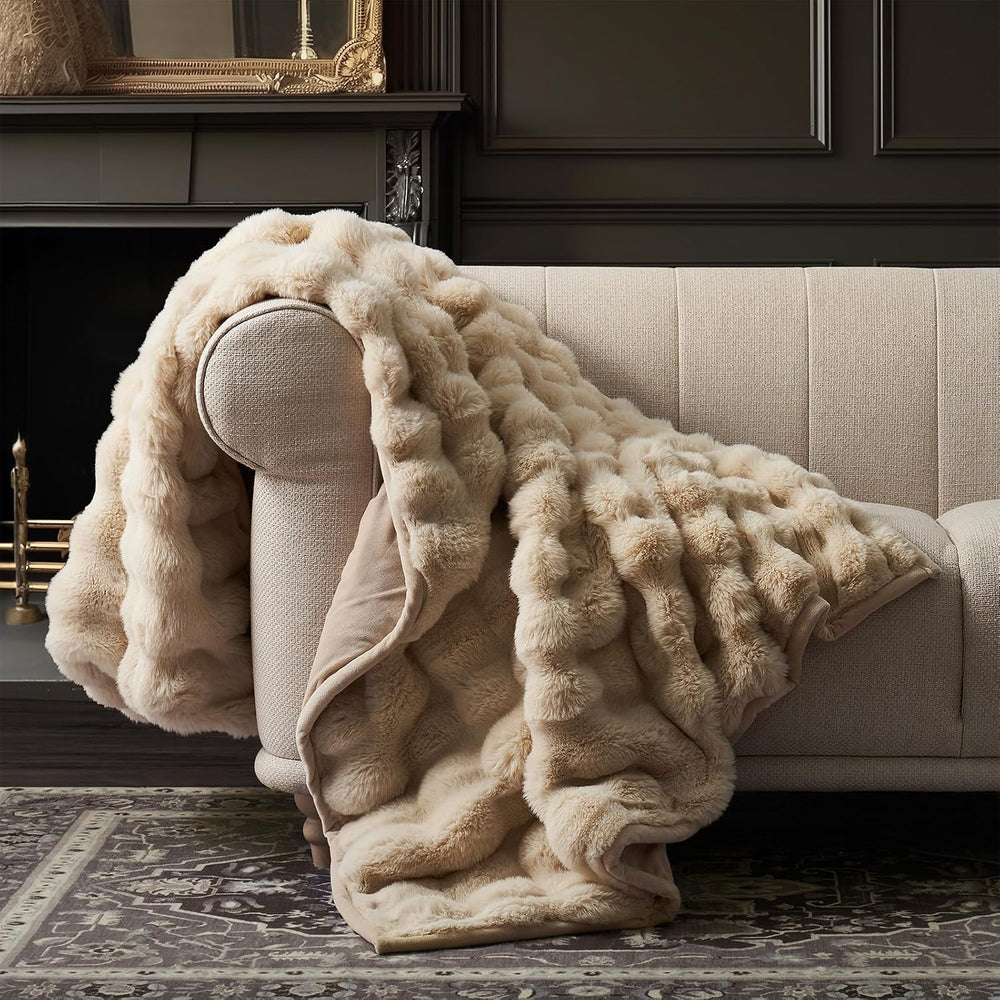 Faux Rabbit Fur Bubble Throw Blanket, 60"x80", Cream