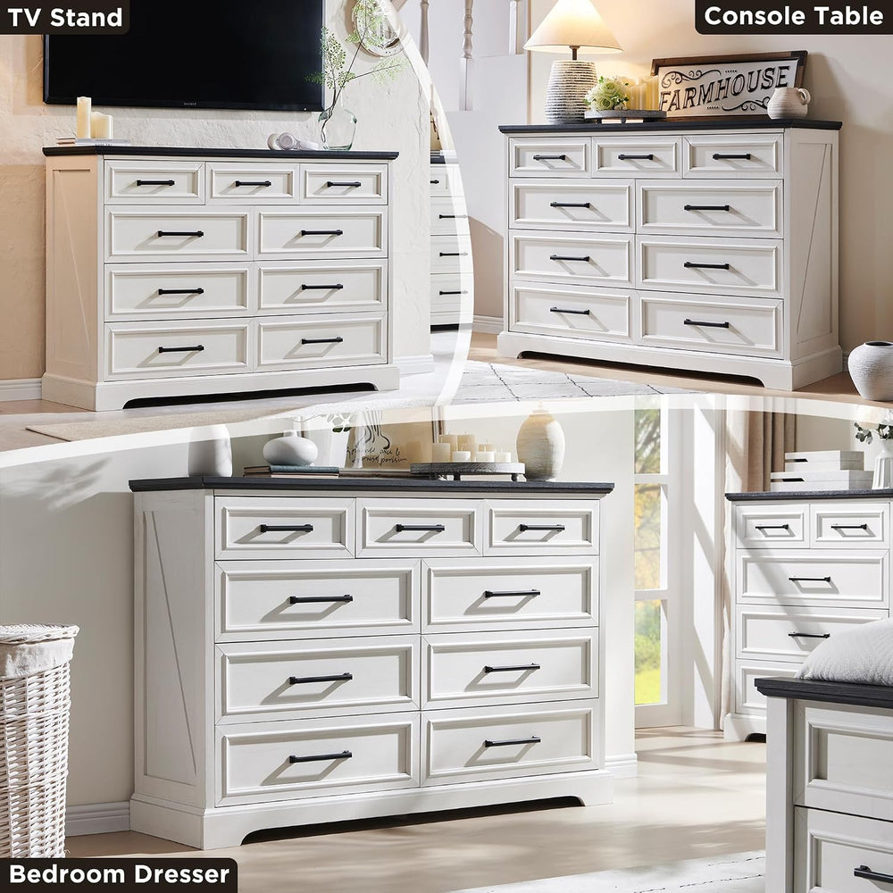 52" Wide Farmhouse 9 Drawer Dresser for Bedroom, Off White
