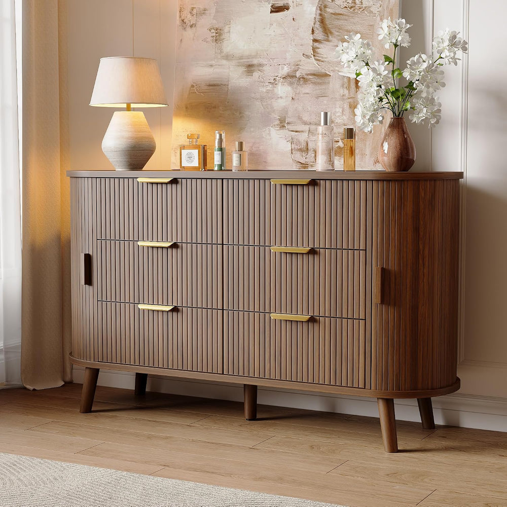 Decofy Fluted 6 Drawer Dresser, 55" Mid Century Modern Chest of Drawers