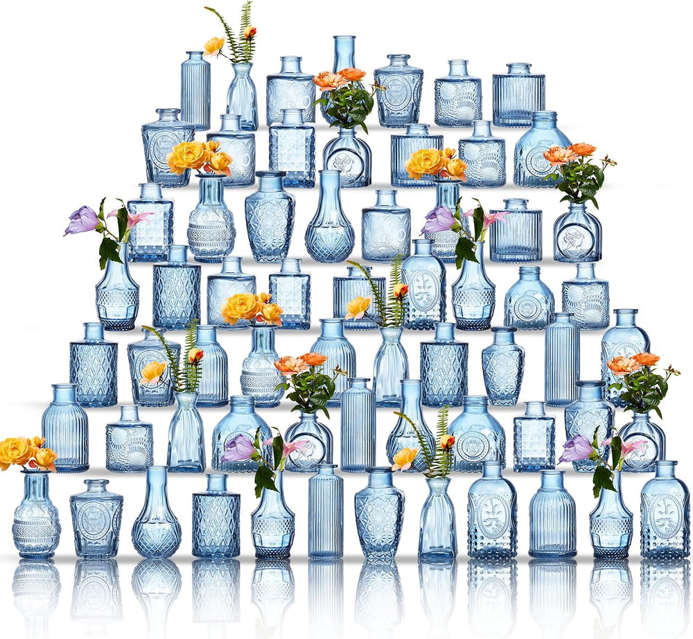 Glass Bud Vases Set of 64 - Blue Assorted Small Mini Glass Vases for Flowers,...
