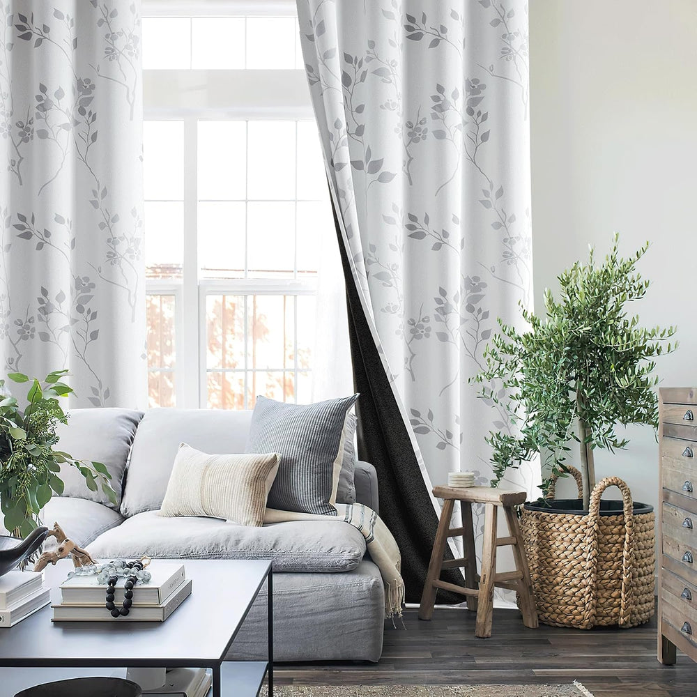 Beauoop Floral 100% Blackout Curtains for Bedroom Grey White 52X84 2 Panels