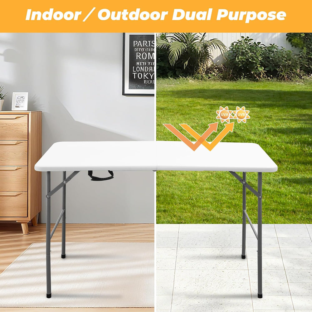 4ft Portable Folding Table, Indoor Outdoor Plastic Dining Table w/Handle, Fol...