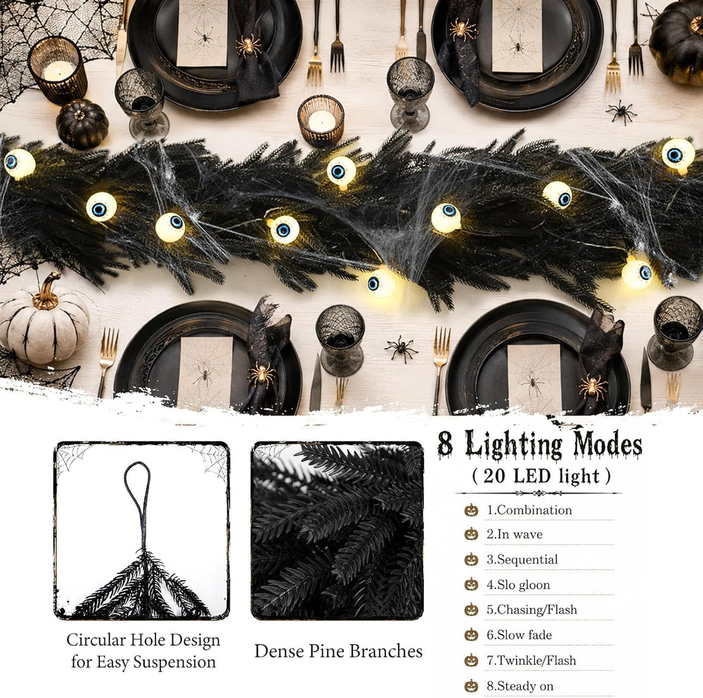9FT Black Halloween Garland with Eyeball String Light Spider Cotton Spiders
