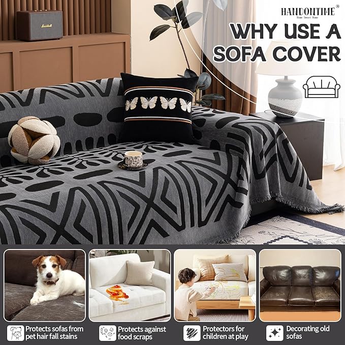 HANDONTIME Boho Couch Cover Blanket Geometric Striped Pet Covers