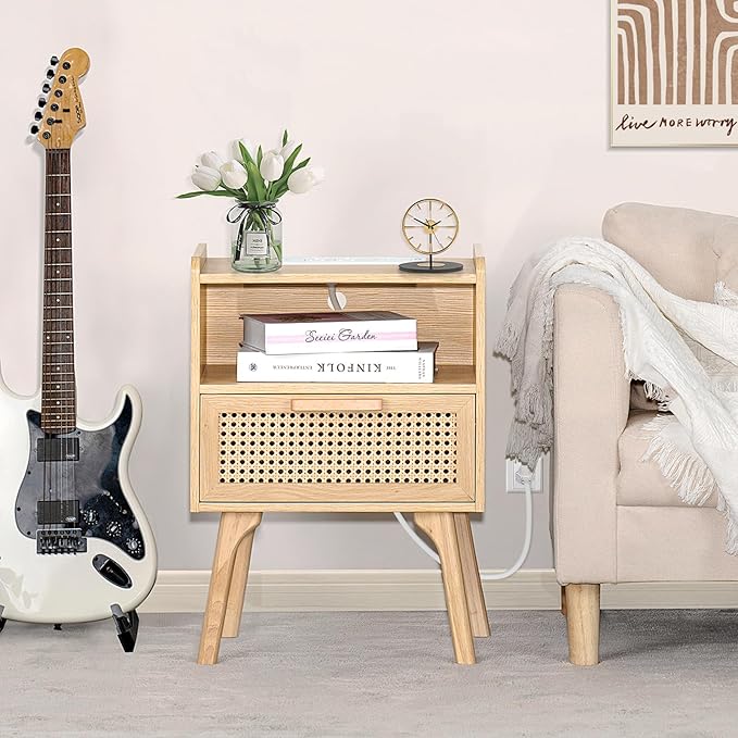 Lerliuo Rattan Nightstands Set of 2 with Charging Station, Boho Side Table wi...