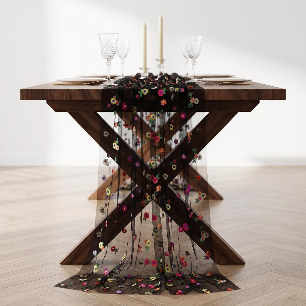Black Embroidered Floral Daisy Tulle Table Runner Halloween 10FT 6 Pack