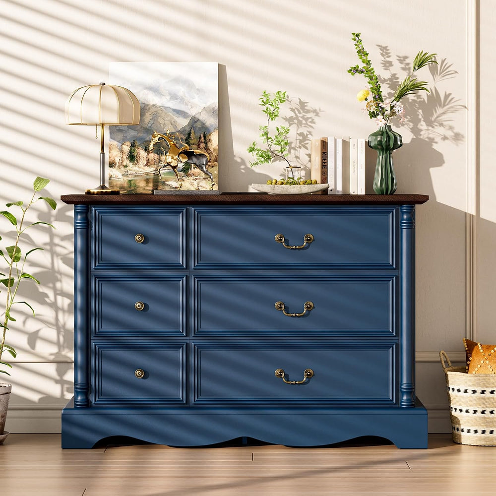 Gray Rustic 6 Drawer Wood Dresser with Charging Station