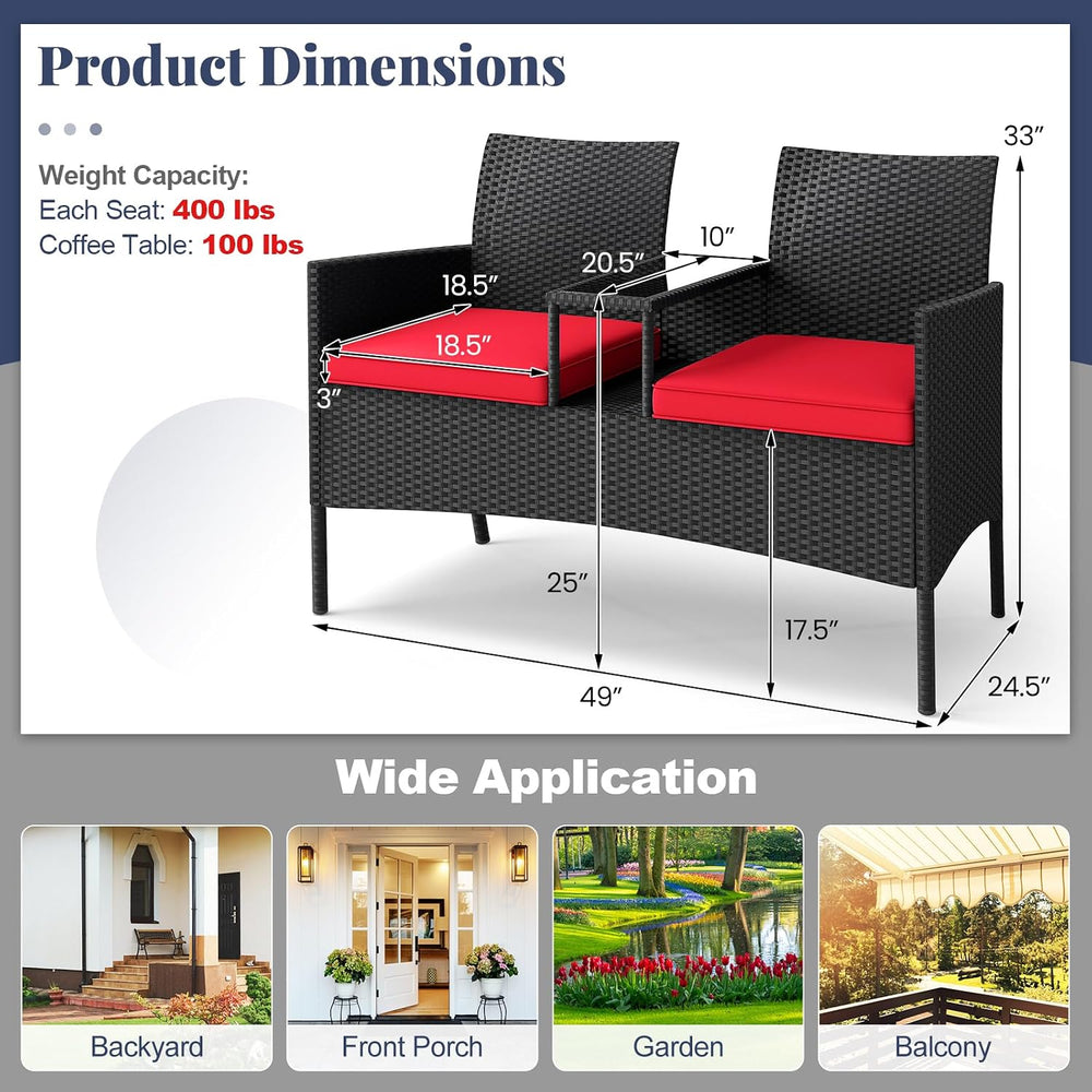 Tangkula Patio Loveseat with Built-in Table, Wicker 2-Seat Furniture with Sof...