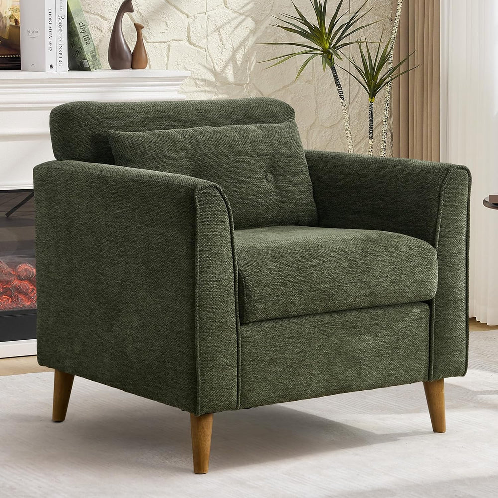 Modern Green Accent Chair with Wooden Legs Plush Fabric Armchair