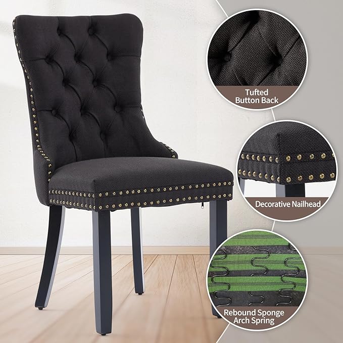 Black Dining Chairs Set of 2, Upholstered Tufted Linen Fabric Dining Room Cha...