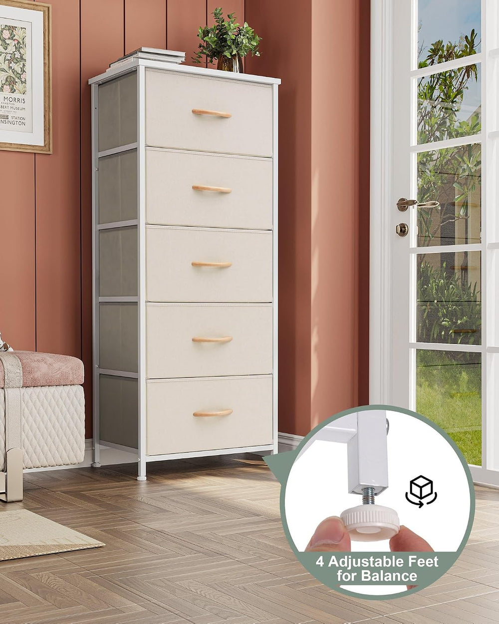 Tall Dresser Vertical Fabric Storage Tower Organizer, 5 Drawers (Beige)