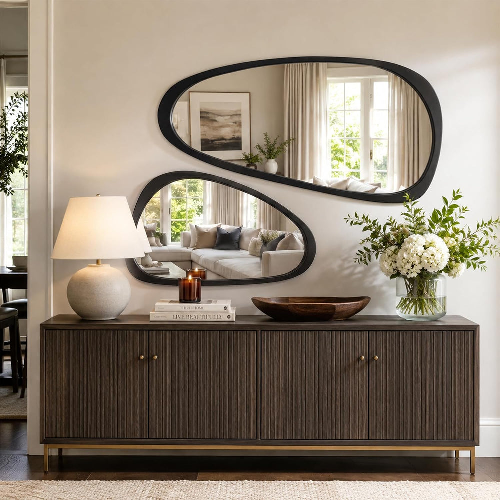 48x24 Inch Matte Black Large Irregular Solid Wood Wall Mirror