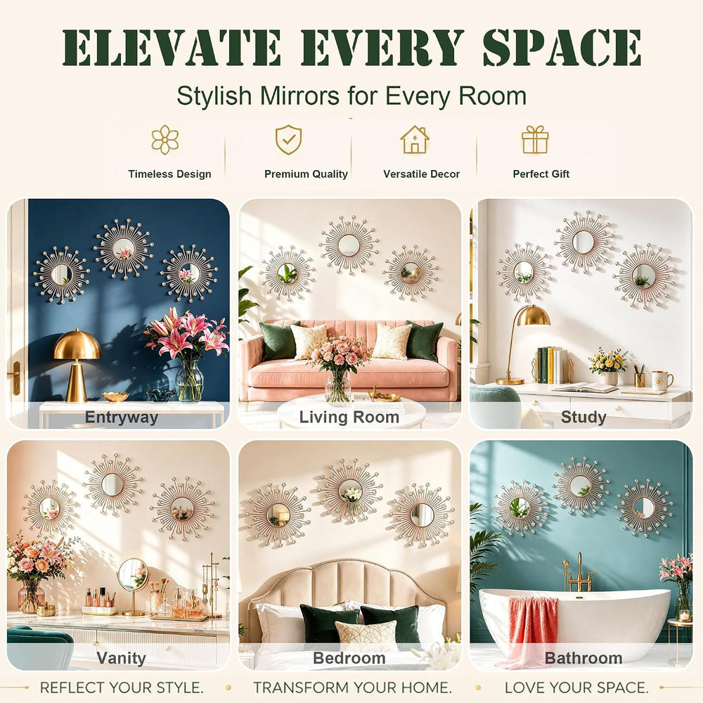 3 Pack Metal Mirrors for Wall Sunburst Wall Mirror Rose Gold Crystal Dรฉcor