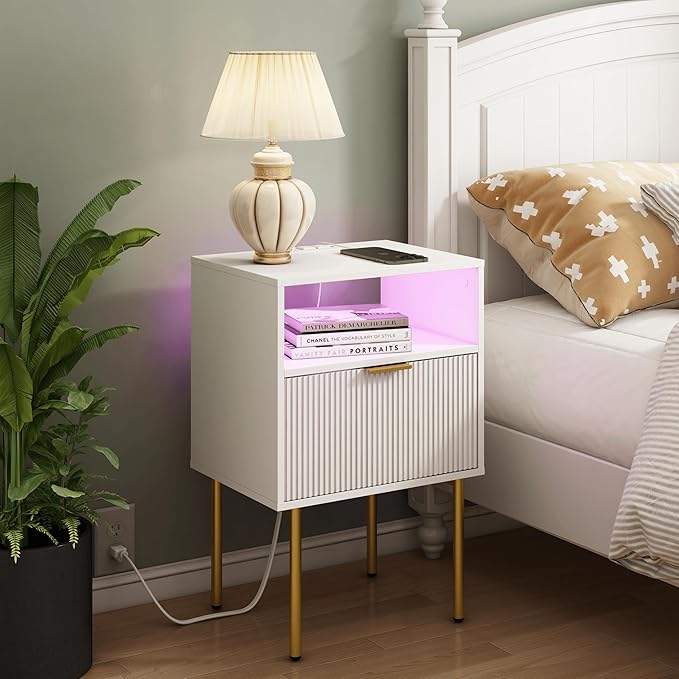 Modern Nightstand with Charging Station and LED Lights, White Bedside Table w...