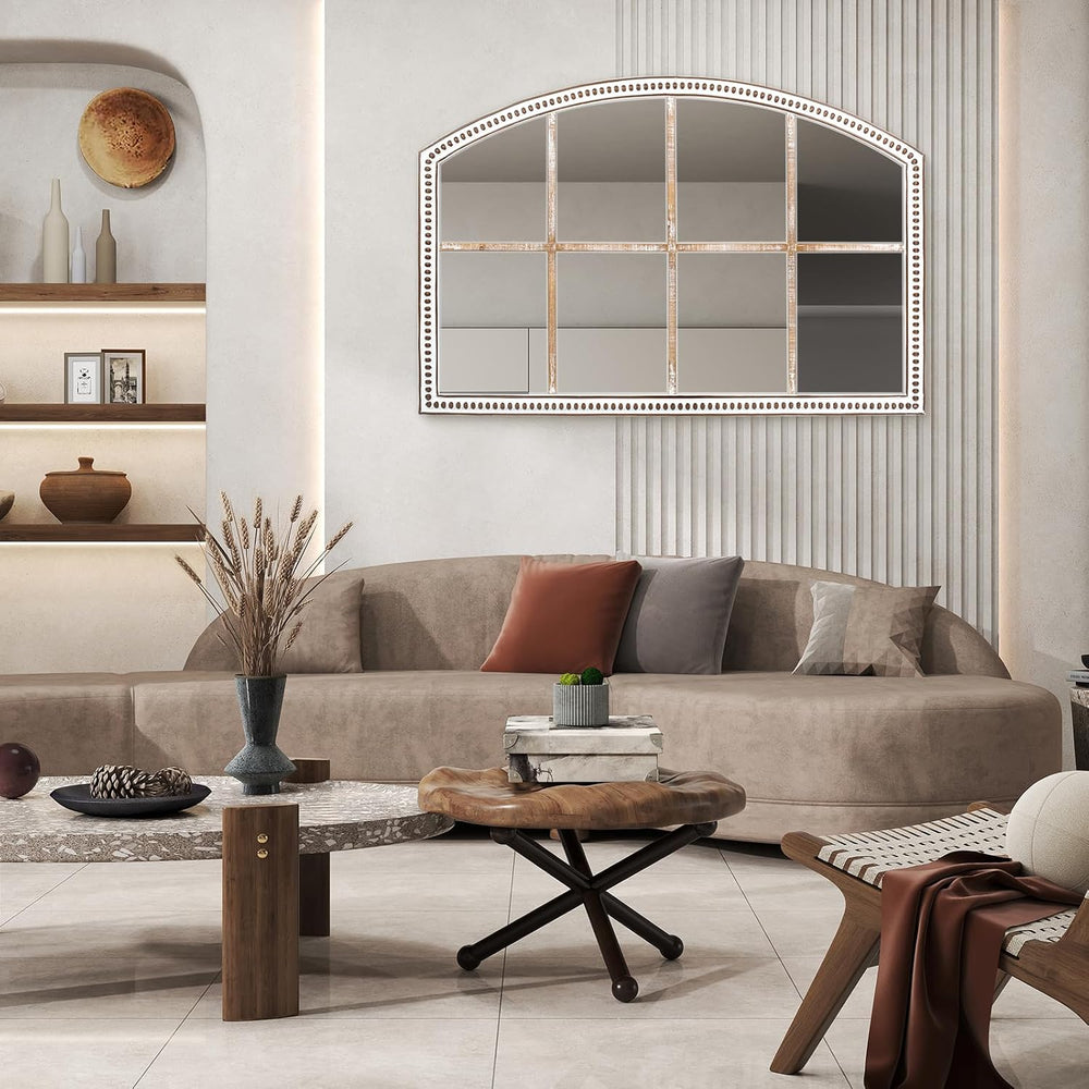 28x42 Inch Farmhouse Windowpane Mirror, Distressed Wood Arched Wall Mirrors